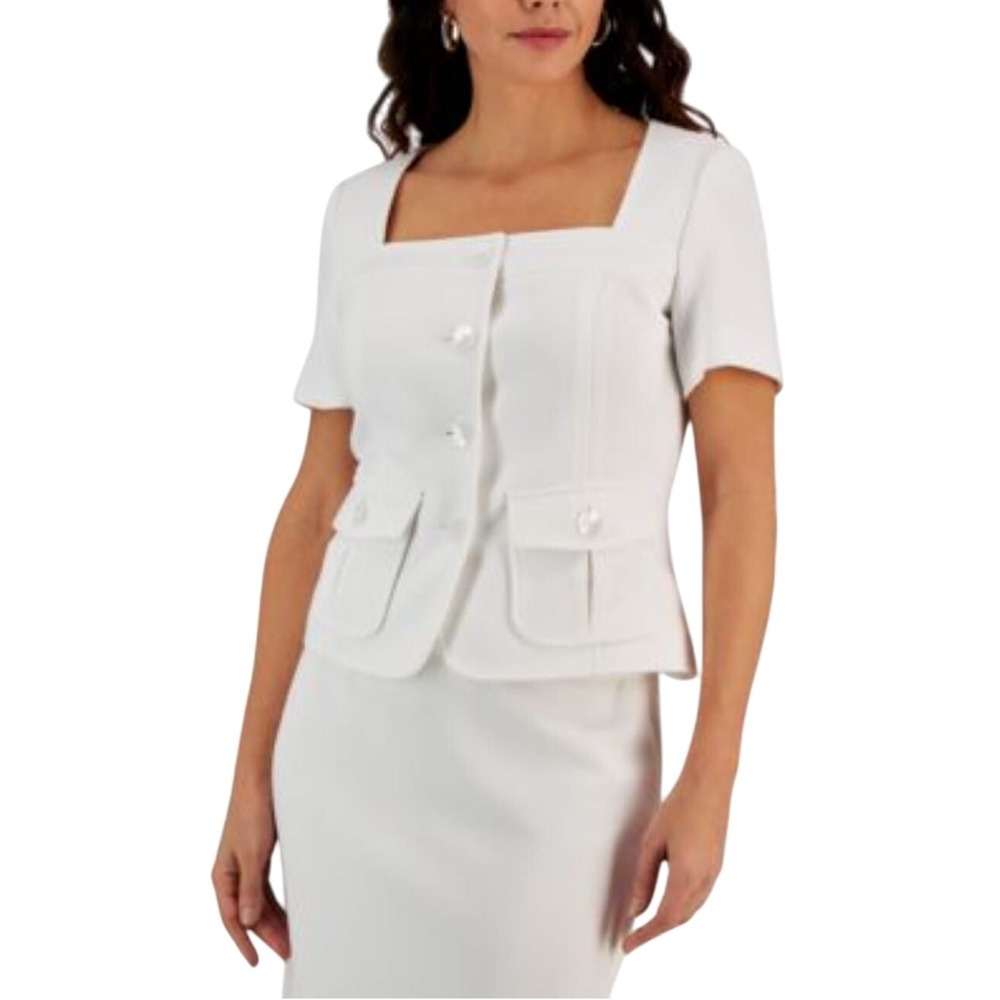 Kasper Women White Square Neck Short Sleeve Button Front Textured Jacket Size 10